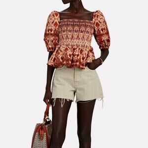 Autumn Adeigbo Ikat Print Smocked Puff Sleeve Cropped Peplum Top 4 S NWT